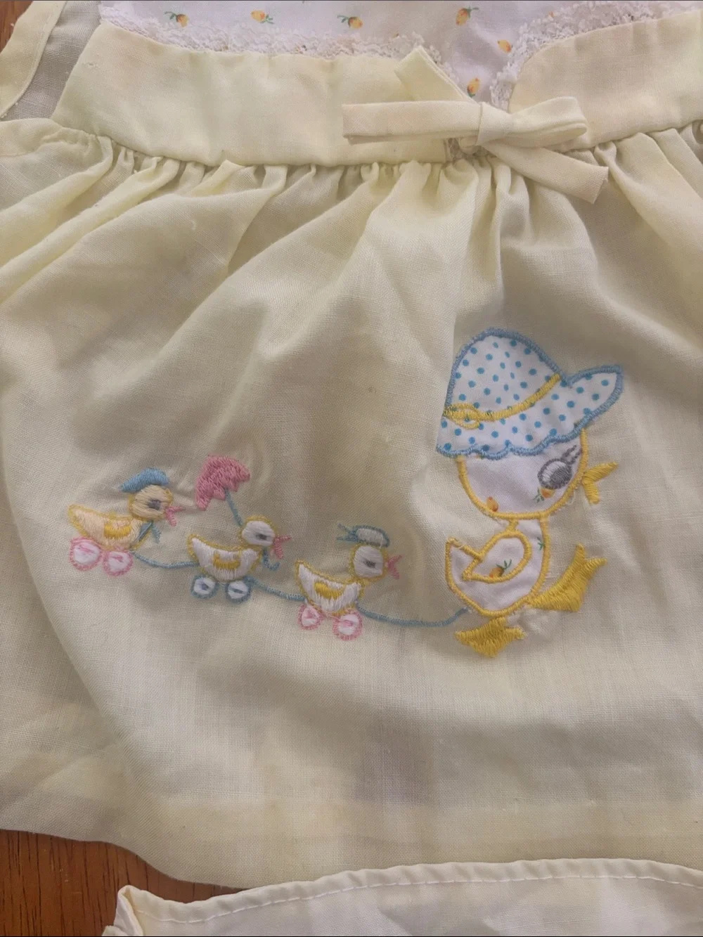 Vintage Yellow Duckling Baby Dress & Bloomers Set - 12months